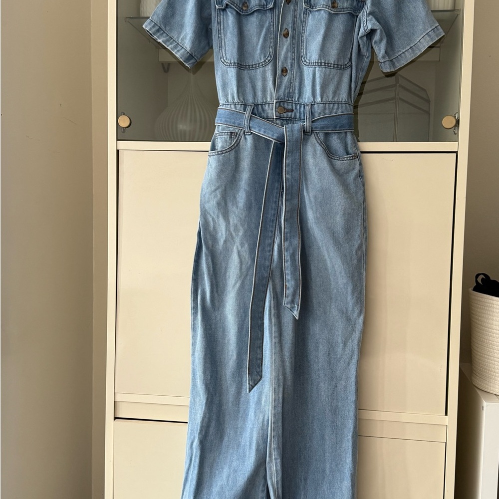 Denim Button-Up Jumpsuit with Belt